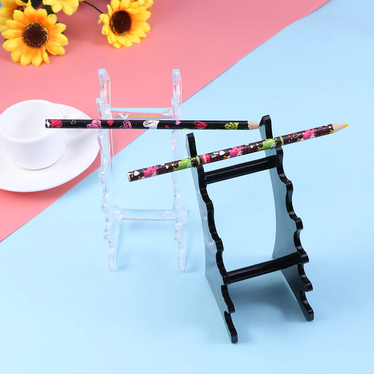 2Pcs Sleek Sloping Acrylic Display Stand Pen Holder Makeup Brush Nail Art Tool Organizer Visible Angle Design Space Saving