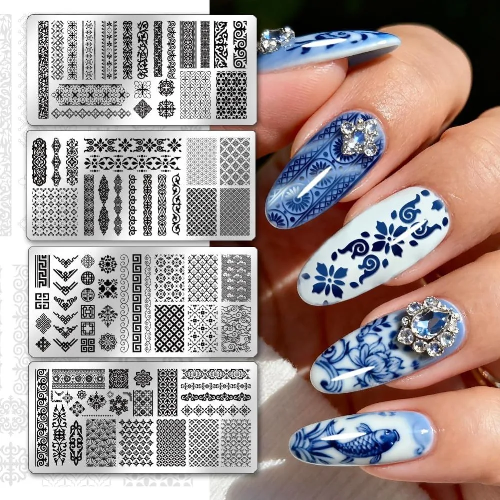 4pcs Chinese Style Patterns Nail Stamp Plate Retro Long Strip Nail Art Template Floral Motifs Nails Stencils - view 3