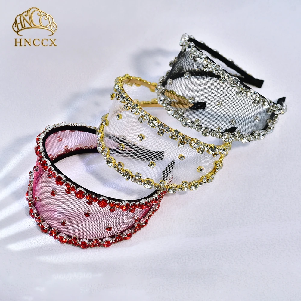 HNCCX Black Mesh Wide Headband Handmade Rhinestone Hair Hoop for Daily Party Bride Wedding Hair Accessories For Women A43