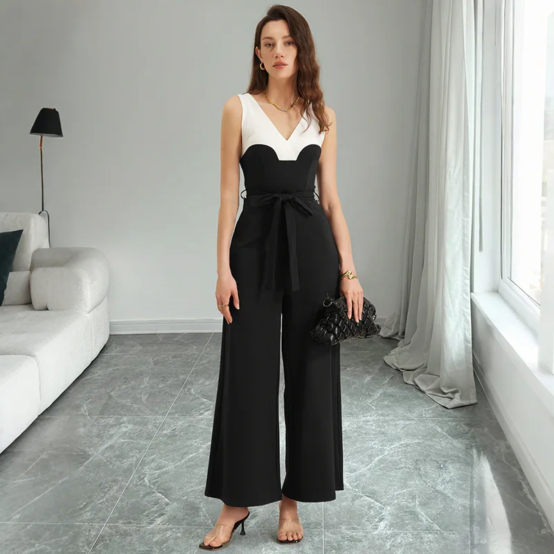 

Весенне-летний женский комбинезон без рукавов в черно-белую цветную гамму с поясом на талии, широкими штанинами, для торжественных мероприятий