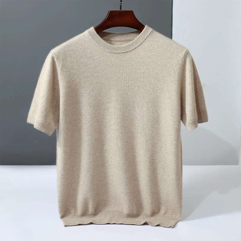 Summer new men's high-quality round neck knitted shirt men's casual short sleeved 100% cashmere knitted business casual T-shirt