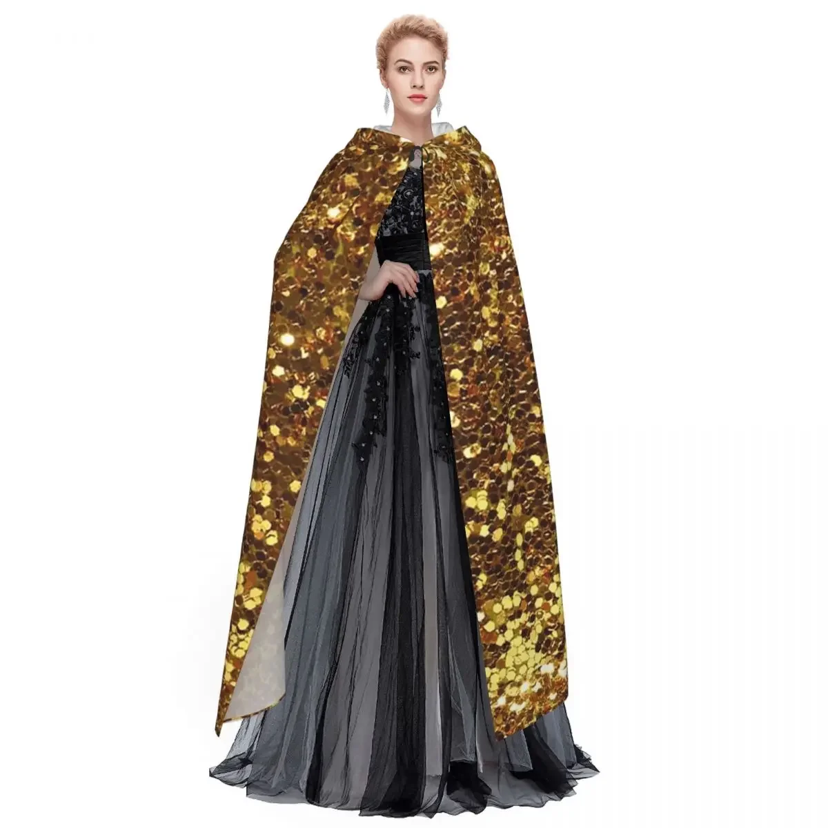 Customization Gold Glitter Long Hooded Cloak Witch Medieval Costume Cosplay Cape HalloweenParty Adult Unisex
