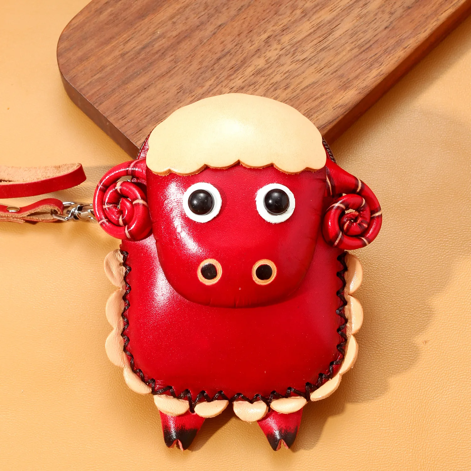 Cute Cartoon Lamb Cowhide Coin Purse, Creative Handmade Genuine Leather Mini Wallet, Small Card Holder Key Storage Pouch