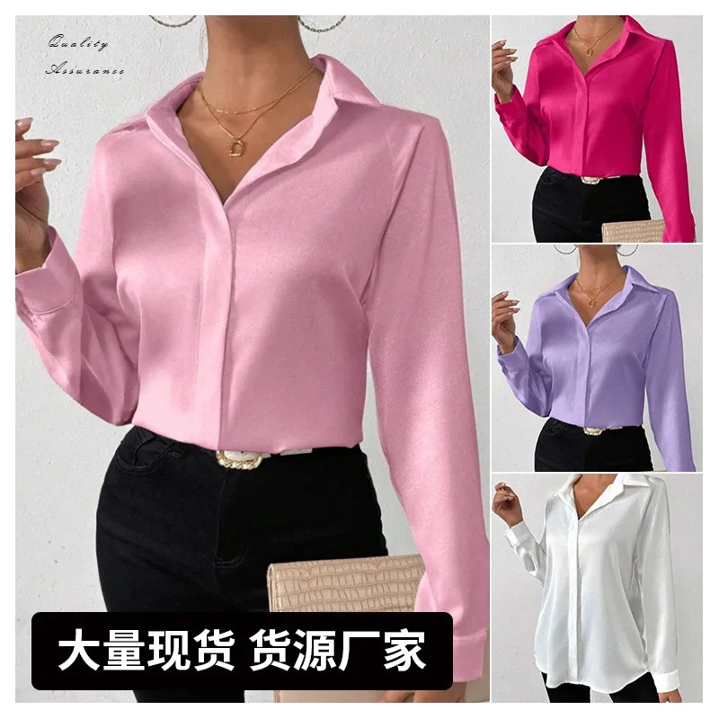 

Summer Women's Clothing Satin Long Sleeve Button Up Shirt Elegant Loose Fit Top For Polyester Sateen Casual Office Blouse