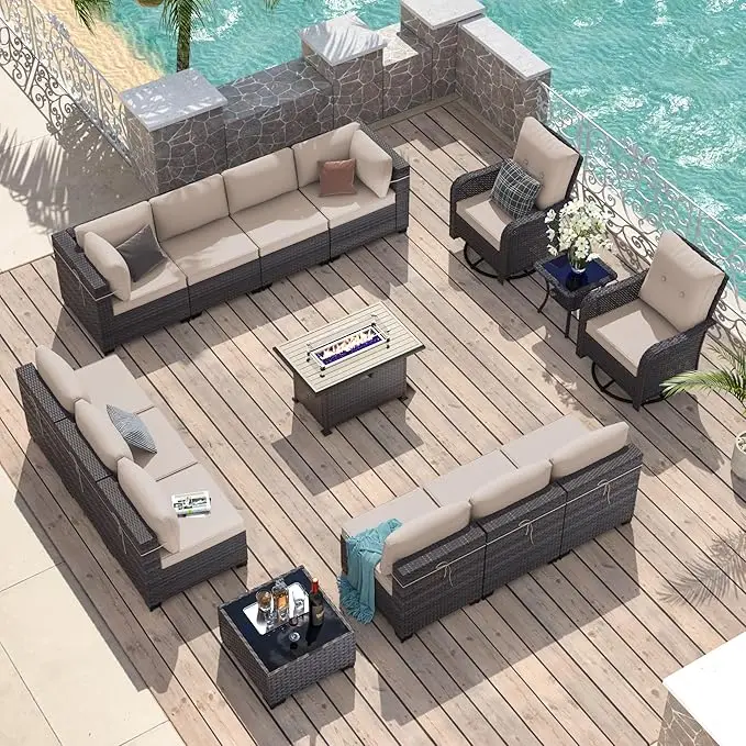 15 Pieces Patio Furniture Set Modular Outdoor Couch Set with 2 Swivel Chairs  w/55000 BTU Fire Pit Patio Conversation Set