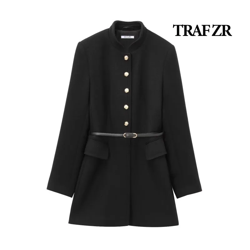 TRAF ZR Woolen Coat Black Sashes Wool & Blends Fall Fashion New in Coats Women's Autumn Coat Elegant and Pretty Women's Coats