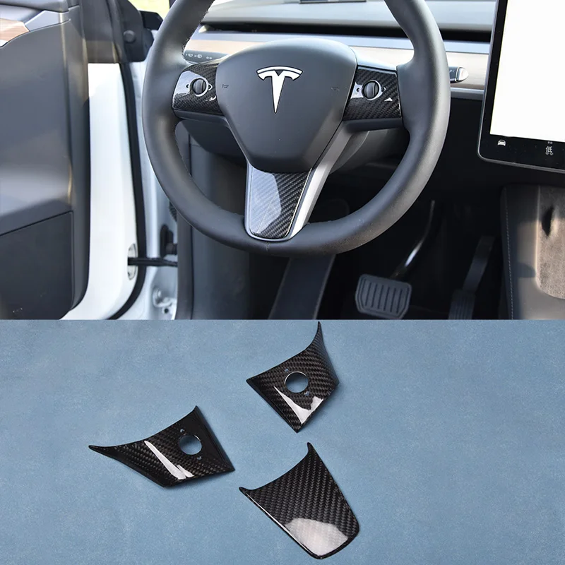 Real Dry Carbon Fiber Car Steering Wheel Cover Kit for Tesla 2016-2022 Model 3 Model Y Auto Exterior Accessories
