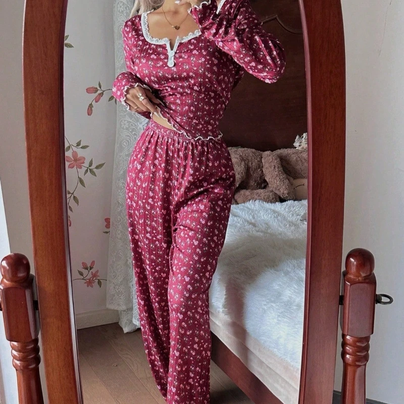 Ladies Floral Printing Loungewear Set Lace Edge V‑Neck Long Sleeve Top Flare Pants Ribbed Knit Sleepwear Pajama Home Outfit 5