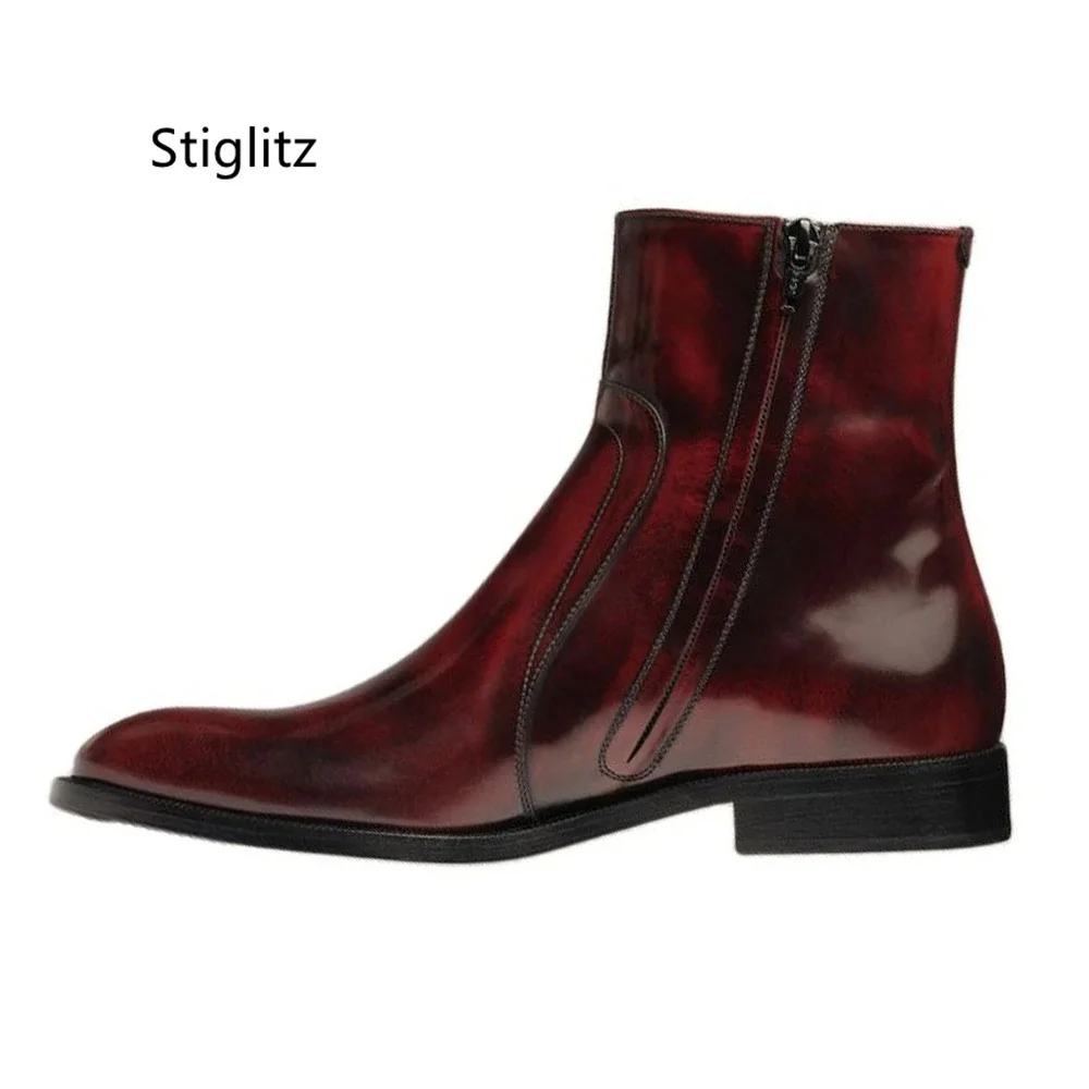 

Genuine Leather High Top Ankle Boots for Men Small Square Toe Stylish Wine Red Men's Shoes Casual Low Heel Wear-Resistant Boots