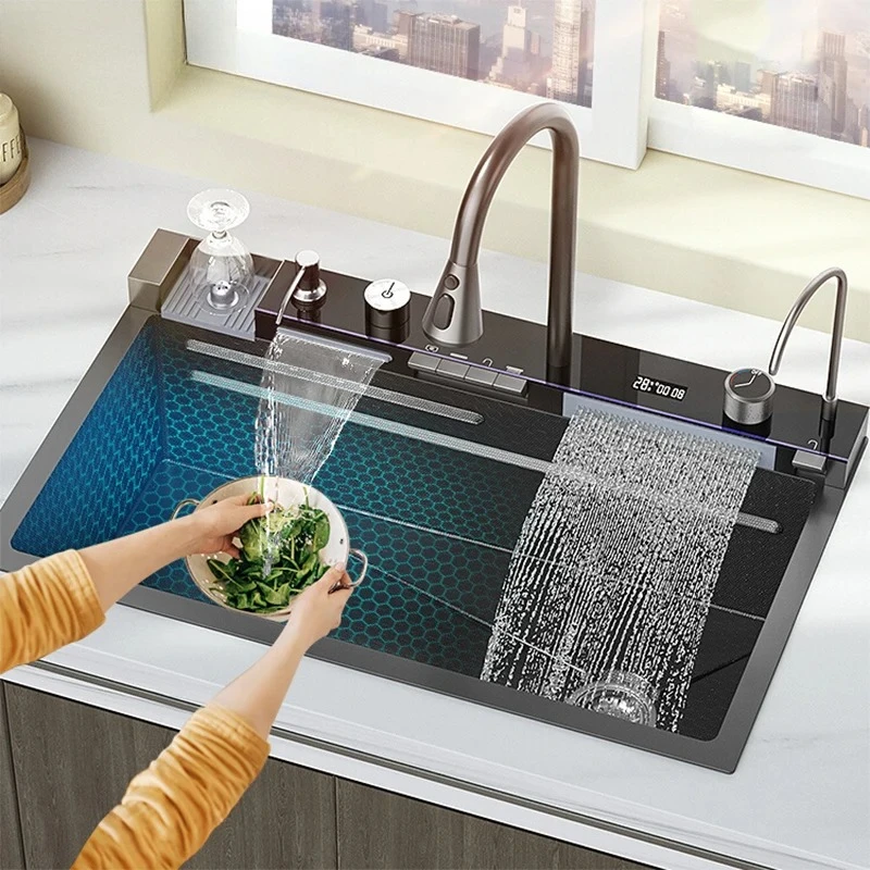Large Single Slot Waterfall Integrated Digital Display Faucet Soap Dispenser Cup Washer Pure Tap White Nano Kitchen Sink