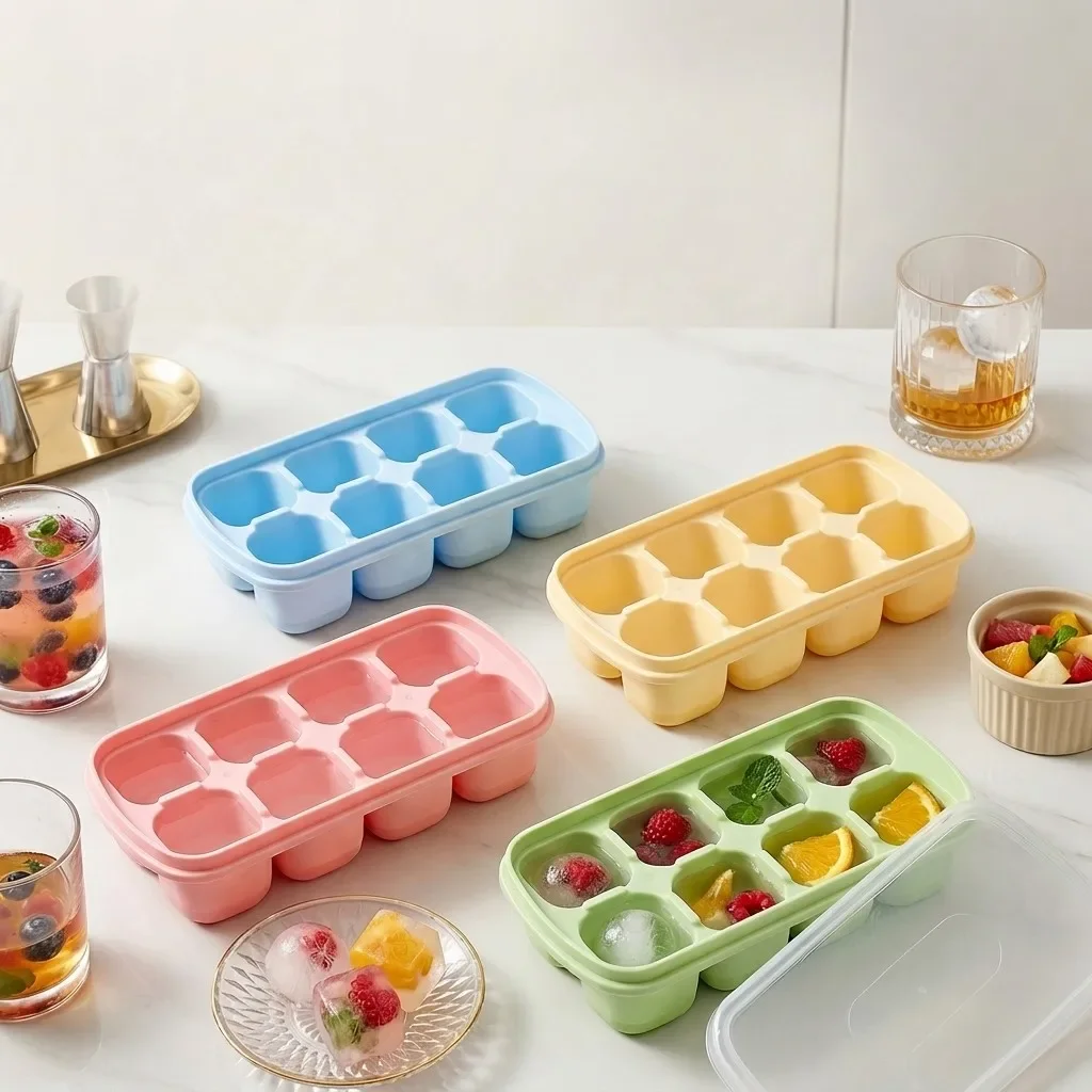 1/2/4pcs Square Plastic Ice Cube Tray With Lid 8 Grids Reusable Ice Cube Mold Refrigerator DIY Ice Maker Ice Mould For Drinks