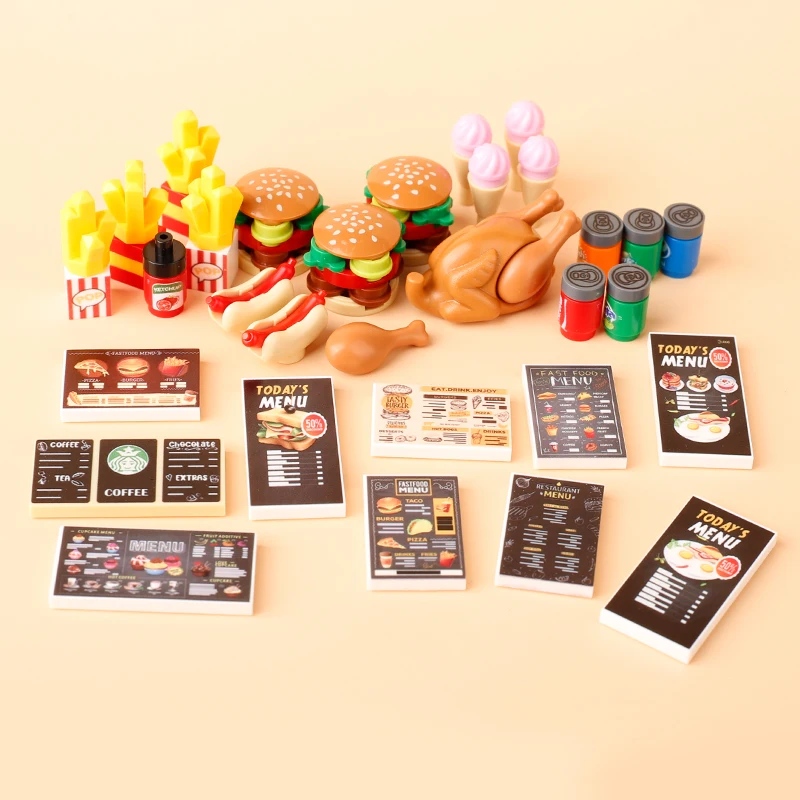 MOC Food Building Blocks Hamburg  Roast Chicken Drink Hot Dog Sauce Restaurant Menu Printed Tiles French Fries Bricks Toys Gift