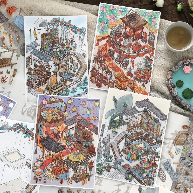 

Miniature Diorama Stickers Chinese Retro Courtyard Scene Building Decals for Journaling Stress Relief DIY Educational sticker