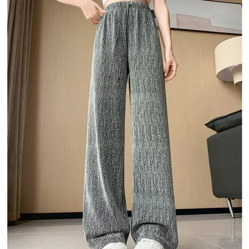 Women Straight Wide Leg High Waist Sparkling Pants Loose Casual Elastic Waist Pants Saggy Fashion Long Trousers Female Clothing