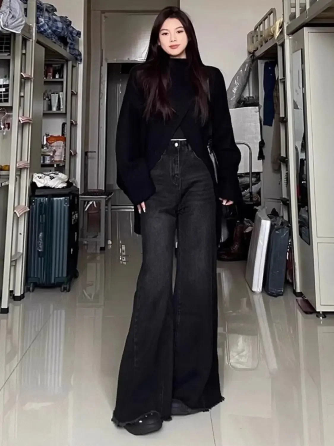 Black Loose Full Length Wide Leg American Vintage Trousers Y2k Preppy Style Jeans Women High Waist Denim Flare Pants Streetwear