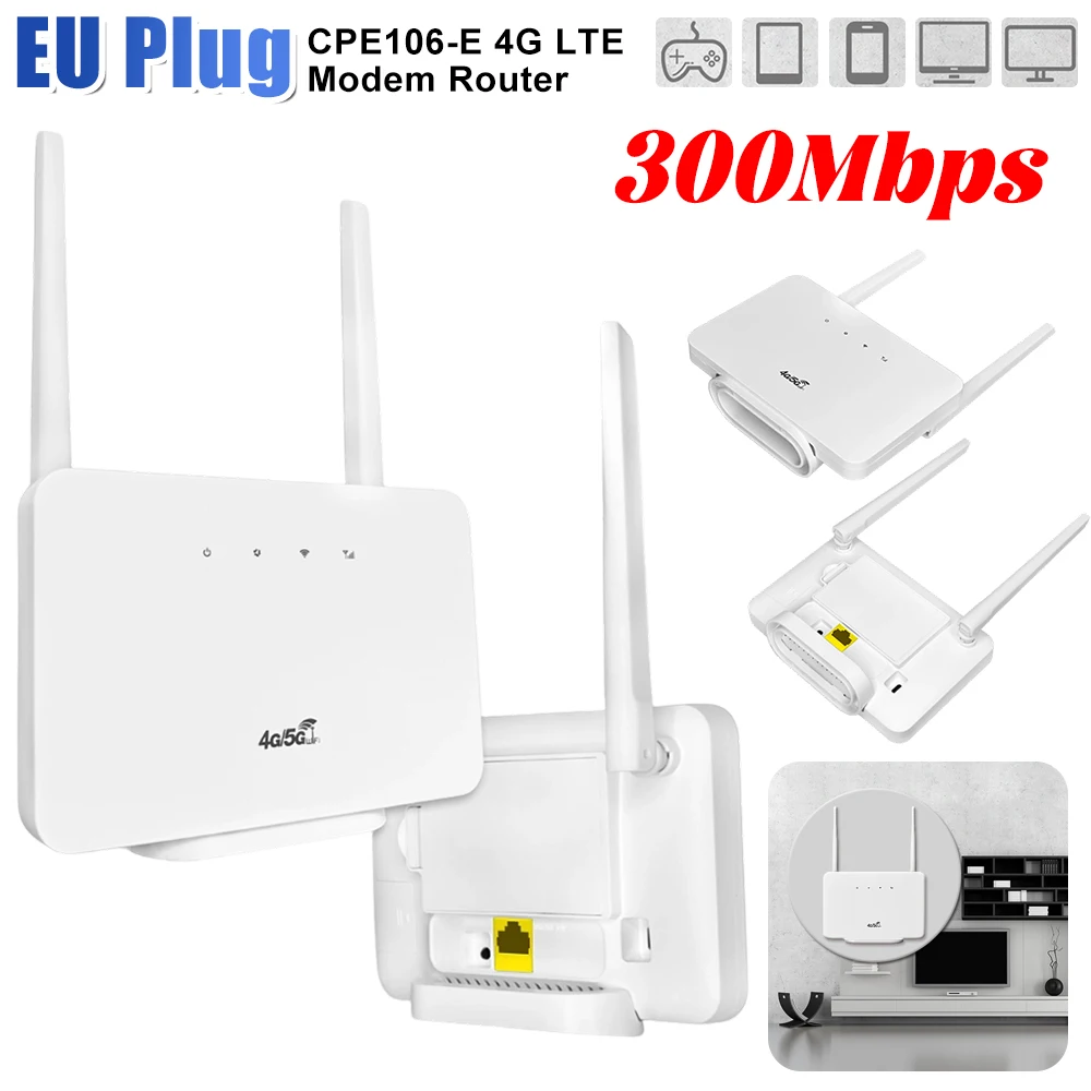 

Вилка европейского стандарта CPE106-E Модемный маршрутизатор 4G LTE 300 Мбит/с Беспроводные маршрутизаторы 4G Модемы внешней антенны со слотом для SIM-карты для домашних путешествий и работы