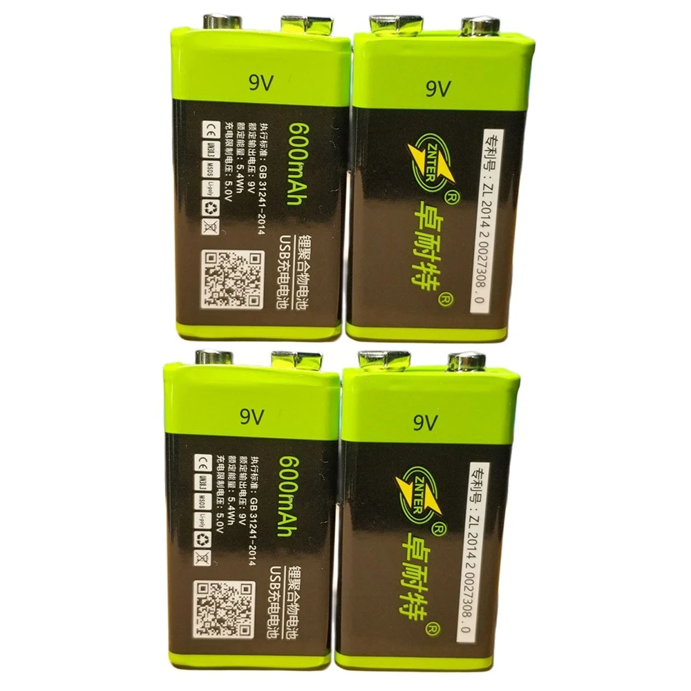 

4pcs/lot ZNTER 9V rechargeable battery 600mAh USB 9V lithium battery for RC camera drone accessories