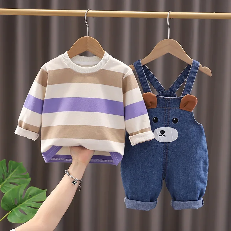 

New Spring Autumn Baby Girls Clothes Suit Children Boys Striped T-Shirt Overalls 2Pcs/Sets Infant Clothing Set Kids Tracksuits