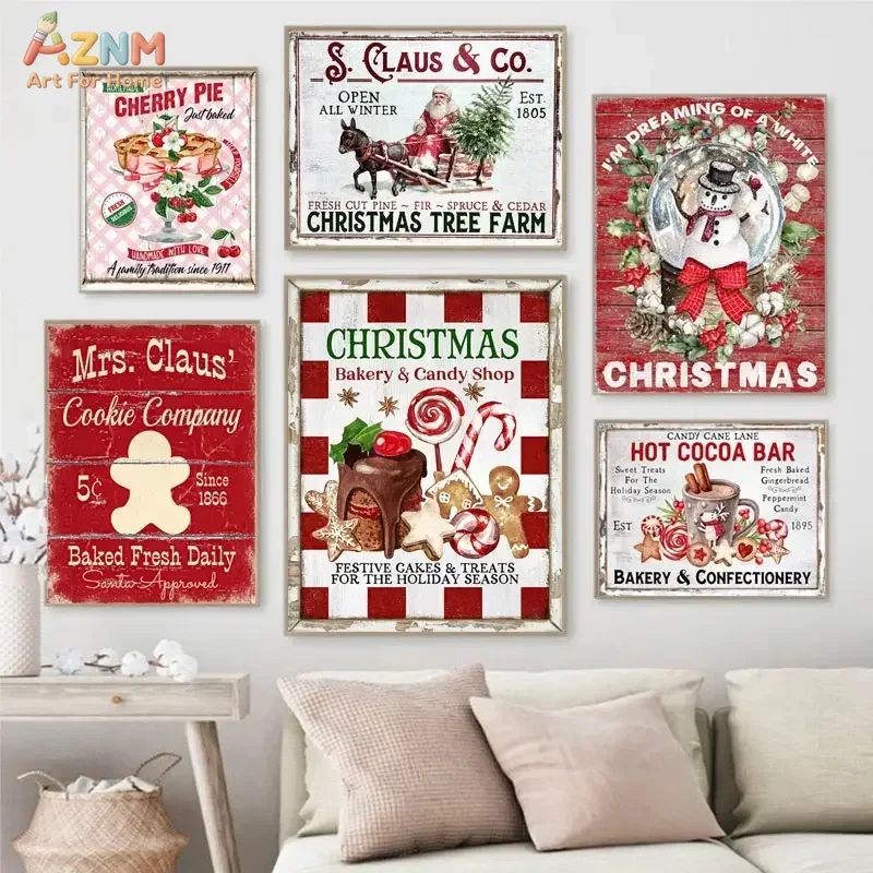 AZNM Vintage Christmas Bakery Sign Canvas Wall Art Gingerbread Snowman Hot Cocoa Print Frameless Canvas Painting Holiday Home De