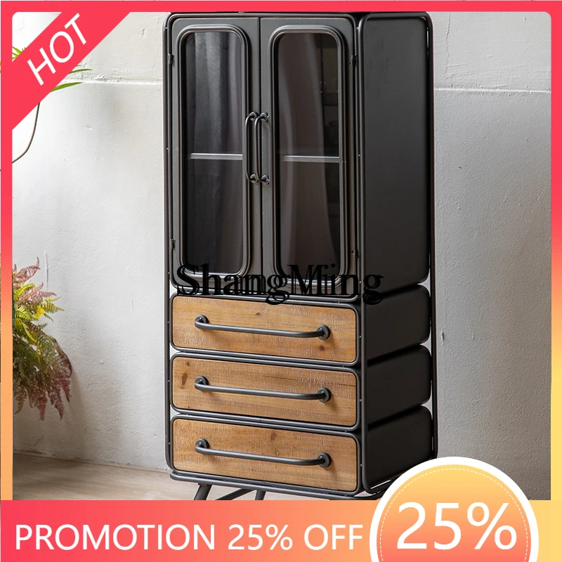 

SM new retro industrial style solid wood four-pump storage low cabinet, living room side storage storage wine cabinet