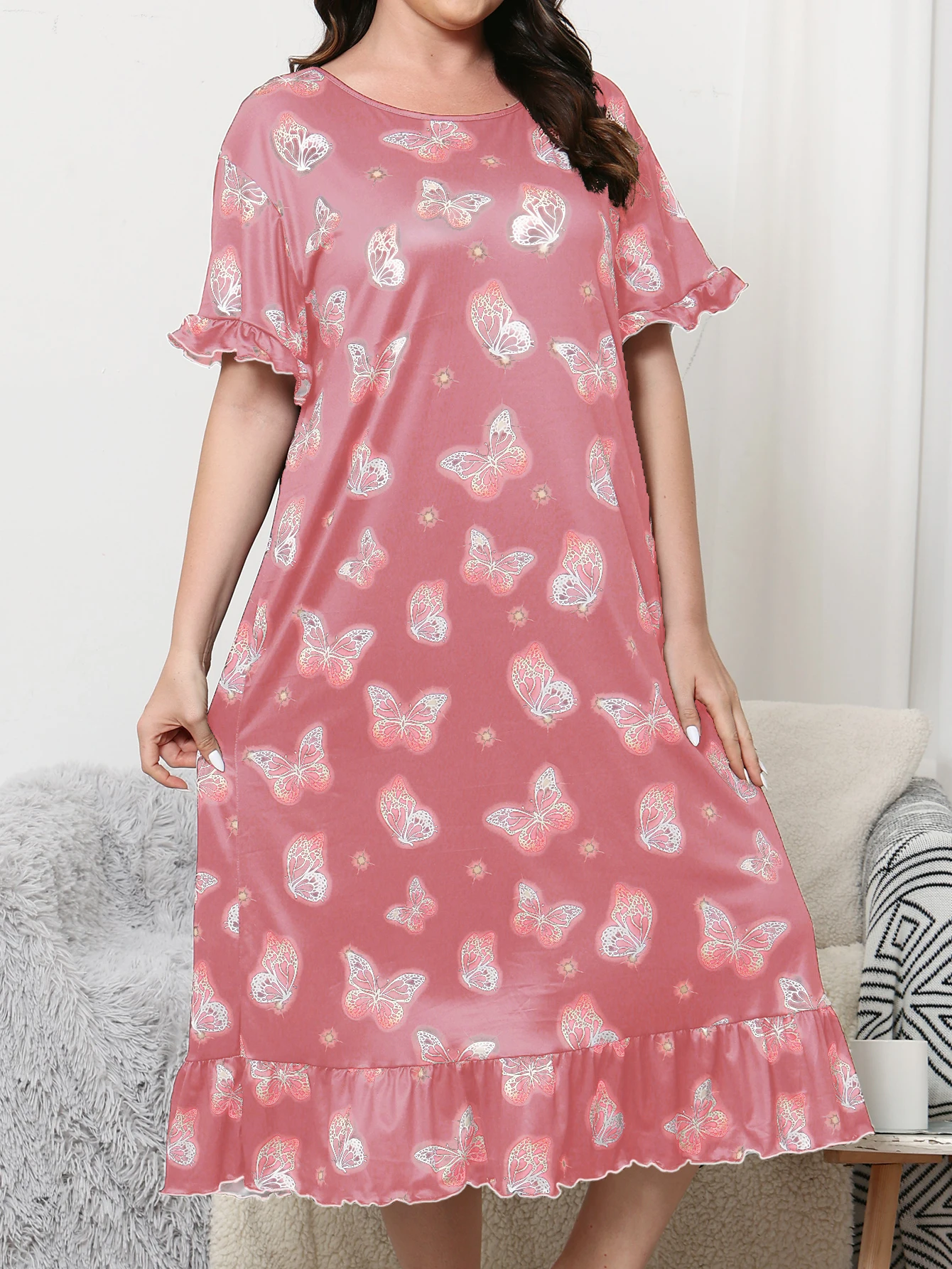 Large size women\'s pajamas home clothing cute butterfly print pink long short sleeved pajama skirt