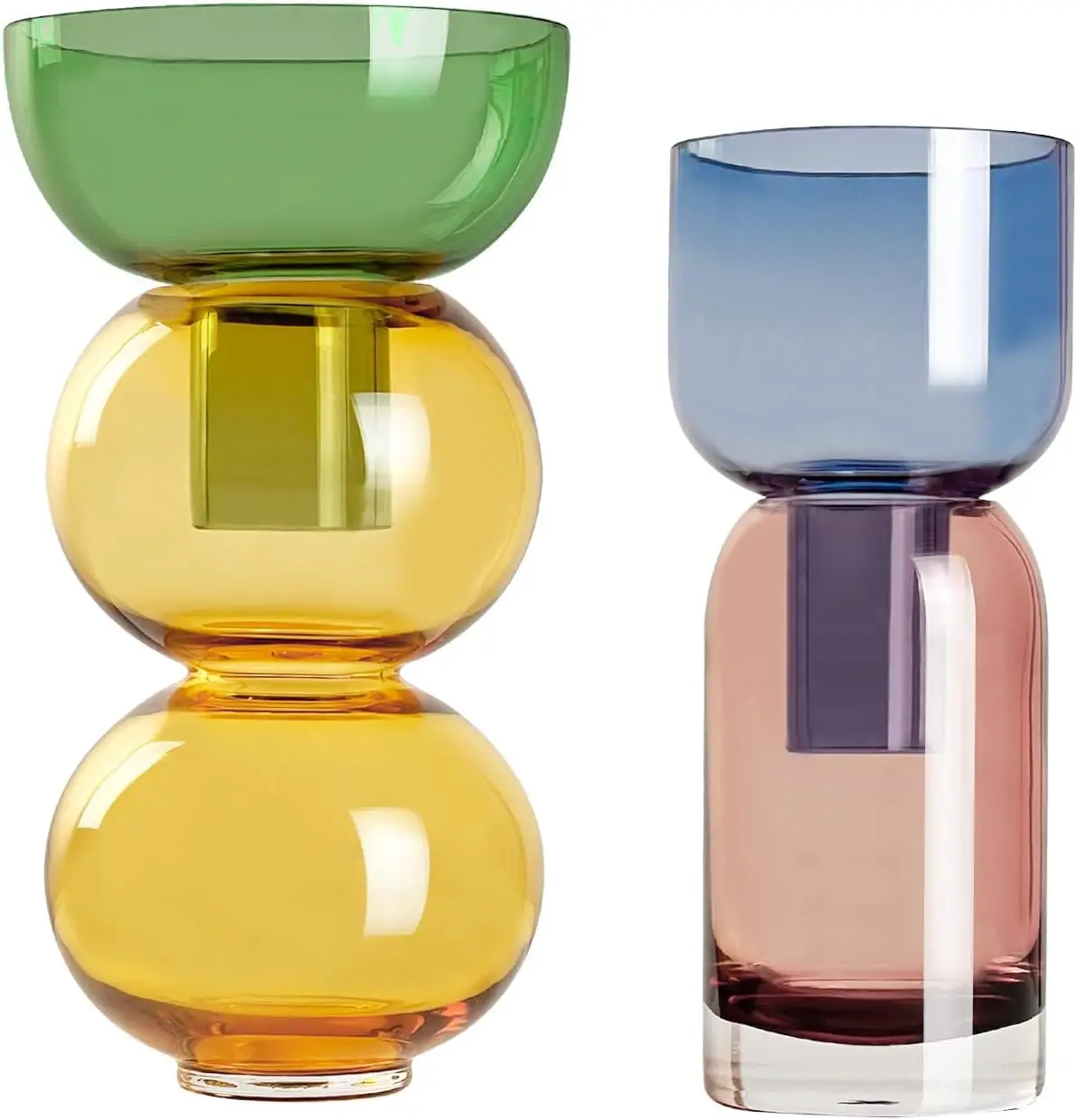 

Reversible Glass Flower Vase & Bud Vase Set of 2, Green/Yellow & Blue/Pink, for Home Wedding Event Decor
