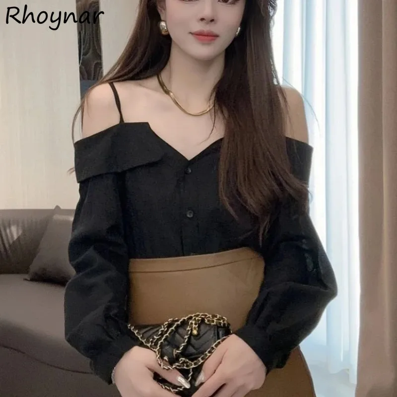 

Long Sleeve Shirts Women Slash Neck Stylish Loose Sexy Club Solid Off Shoulder High Street Aesthetic Korean Style Chic Y2K