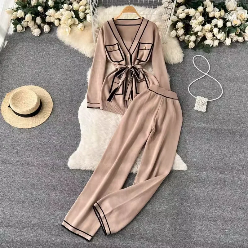 Autumn Winter Gentle Contrast Color Knitwear Suit Women Long Sleeve V-neck Lace-up Sweater Drape Wide Leg Trousers Two-piece Set