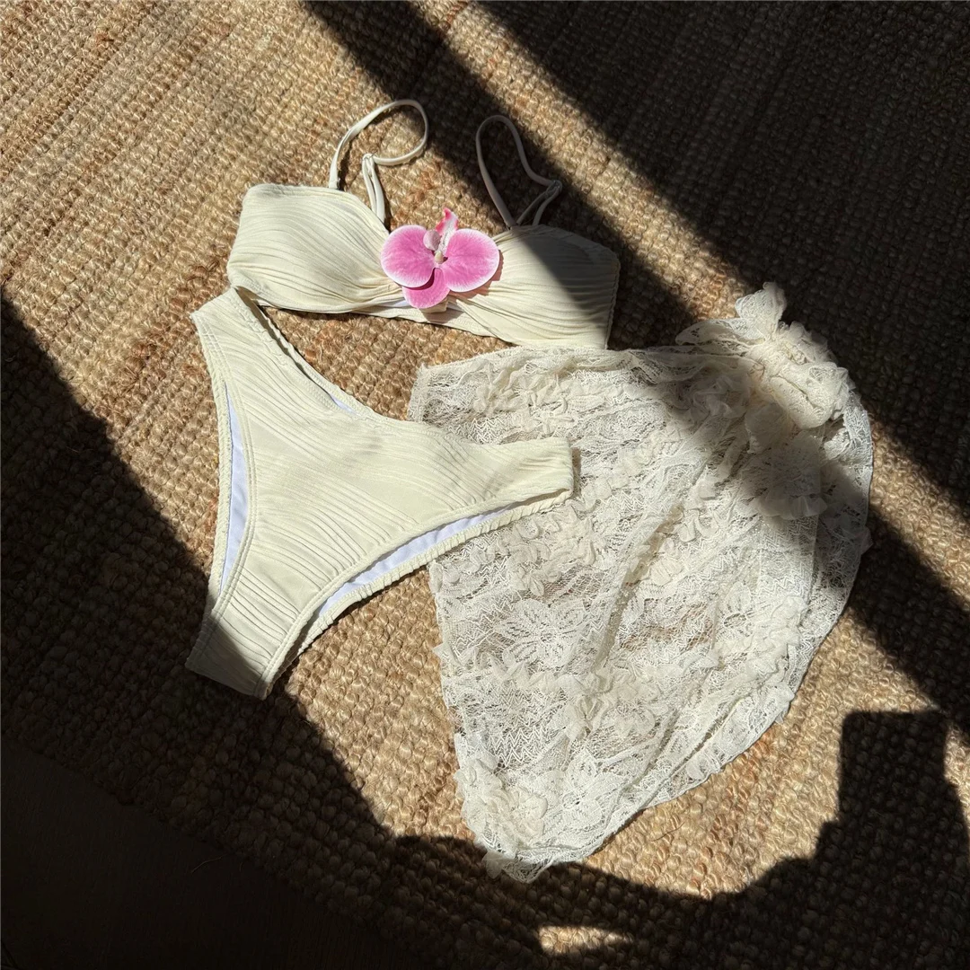 Neuer 3D-Blumen-Bikini mit Sarong, Damen-Badeanzug, dreiteiliges Bikini-Set, brasilianischer Badeanzug, Badebekleidung, Modell V7064 – Detail 12
