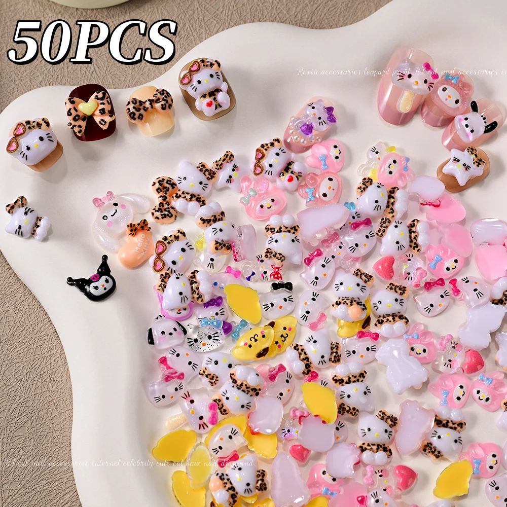 50 ชิ้น Kawaii Sanrio เล็บอุปกรณ์เสริม 3D Mini Hellokitty/Melody ตกแต่งเล็บ Charms DIY เคสโทรศัพท์ Hairpin เล็บงานฝีมือ