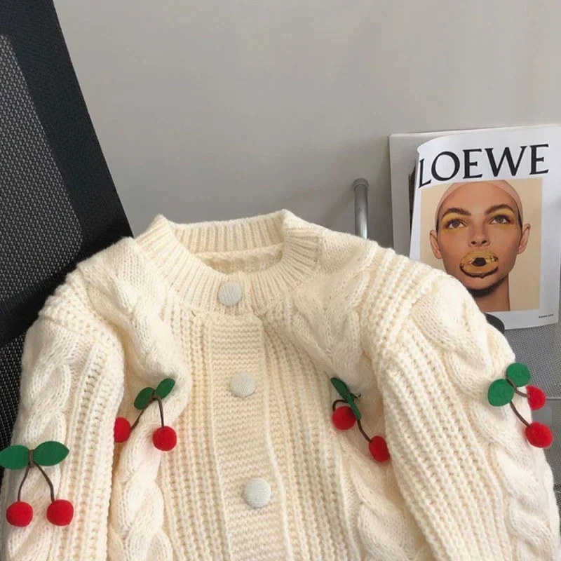 Women Cherry Sweater Cardigan Cute Cherries Pom Pom Cable Knit Button-Up Knit Coat Fall Winter Korean Kawaii Sweet Outfit