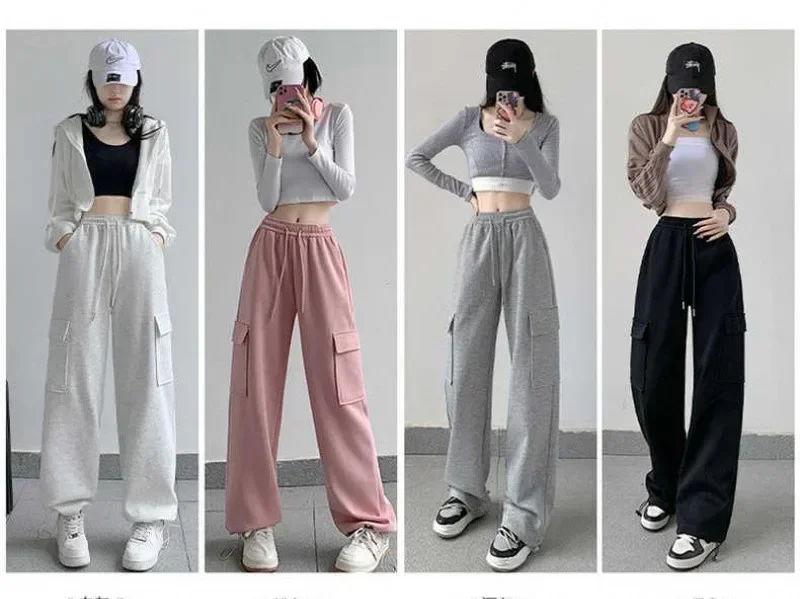 

Spring Black Pants Straight Cargo Pants Women High Waist Loose Trousers Korean Vintage Wide Leg Cargo Sweatpants For Women Y2k