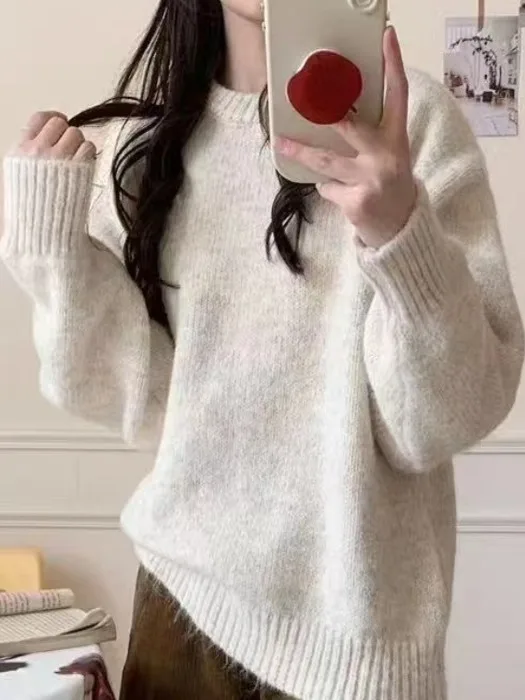 

Ladies round Ne Knitwear Loose Fit Color Soft Thiened Inner Wear Top Casual Sle Polyester Fiber Autumn Winter New...