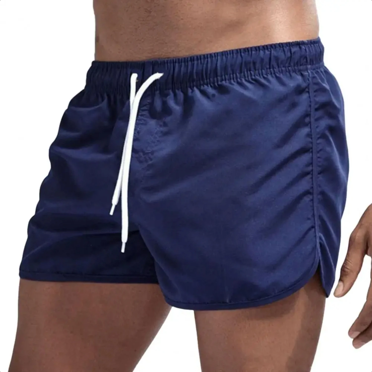 Summer Low-rise Elastic Waistband Drawstring Beach Surfing Shorts Breathable Side Irregular Trim Men Swimwear Shorts