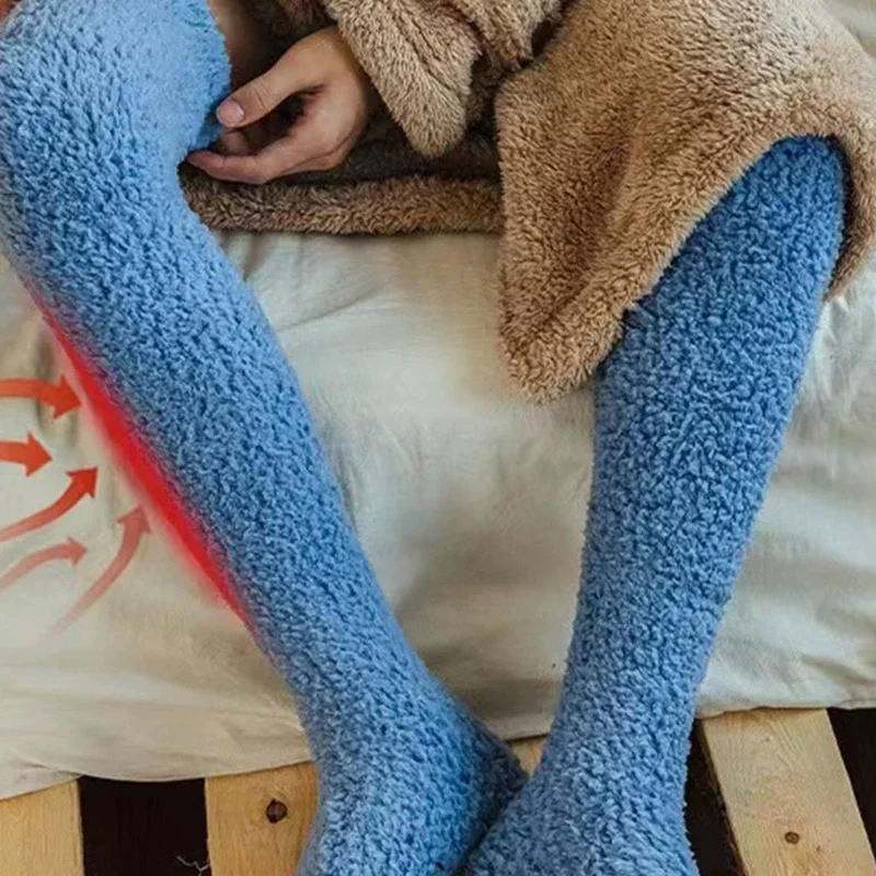 New Soft Coral Fleece Stockings Women Winter Solid Color Warm Thigh High Stockings Home Keep Warm Over Knee High Long Socks