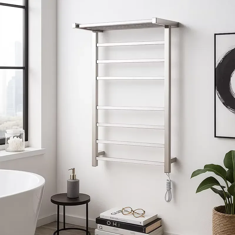 Modern Square Shape 304 Stainless Steel Electric Heated Towel Warmer Chrome Finish Waterproof Anti-Rust Design for Hotel Use