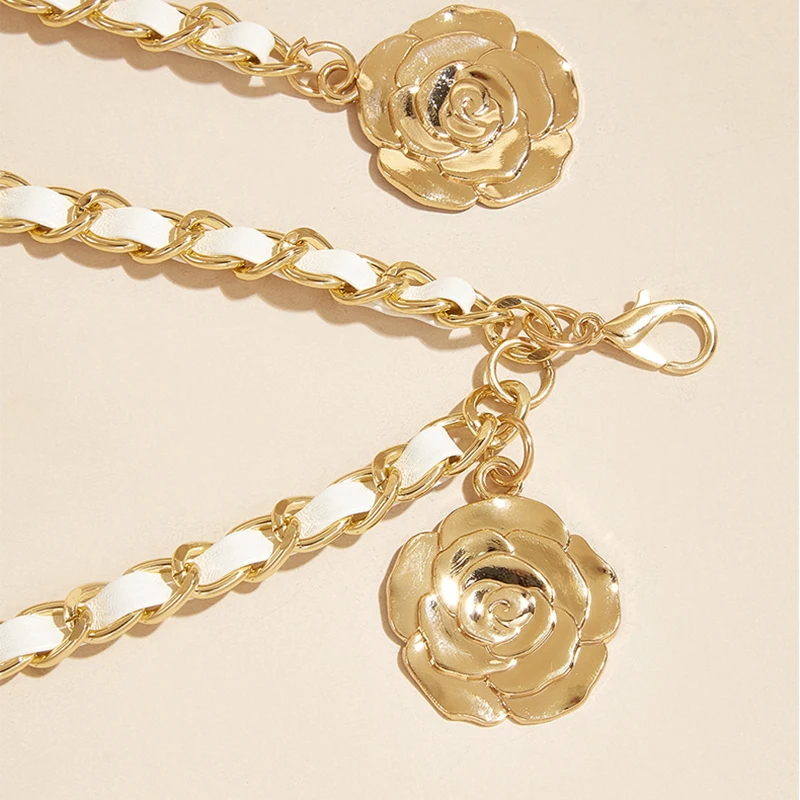 1Pc High Quality Metal Round Flower Pendant Waist Chain Women's Dress Shirt Decoration Spaghetti Belt