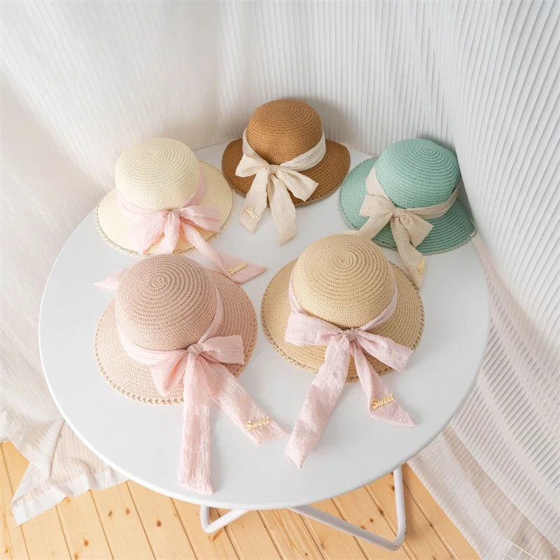 

Big Brim Dome Bucket Hat For Baby Solid Color Bow Straw Hat For Children Summer Seaside Beach Sun Hat For Girls