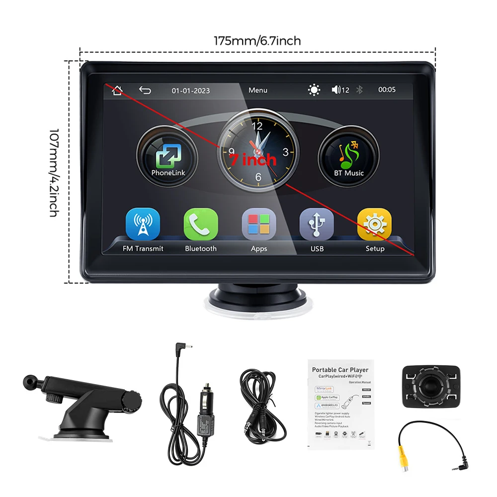 Nieuwste 7 inch draagbare draadloze Carplay autoradio Android Auto autoradio Bluetooth GPS navigatie FM AUX multimediaspeler
