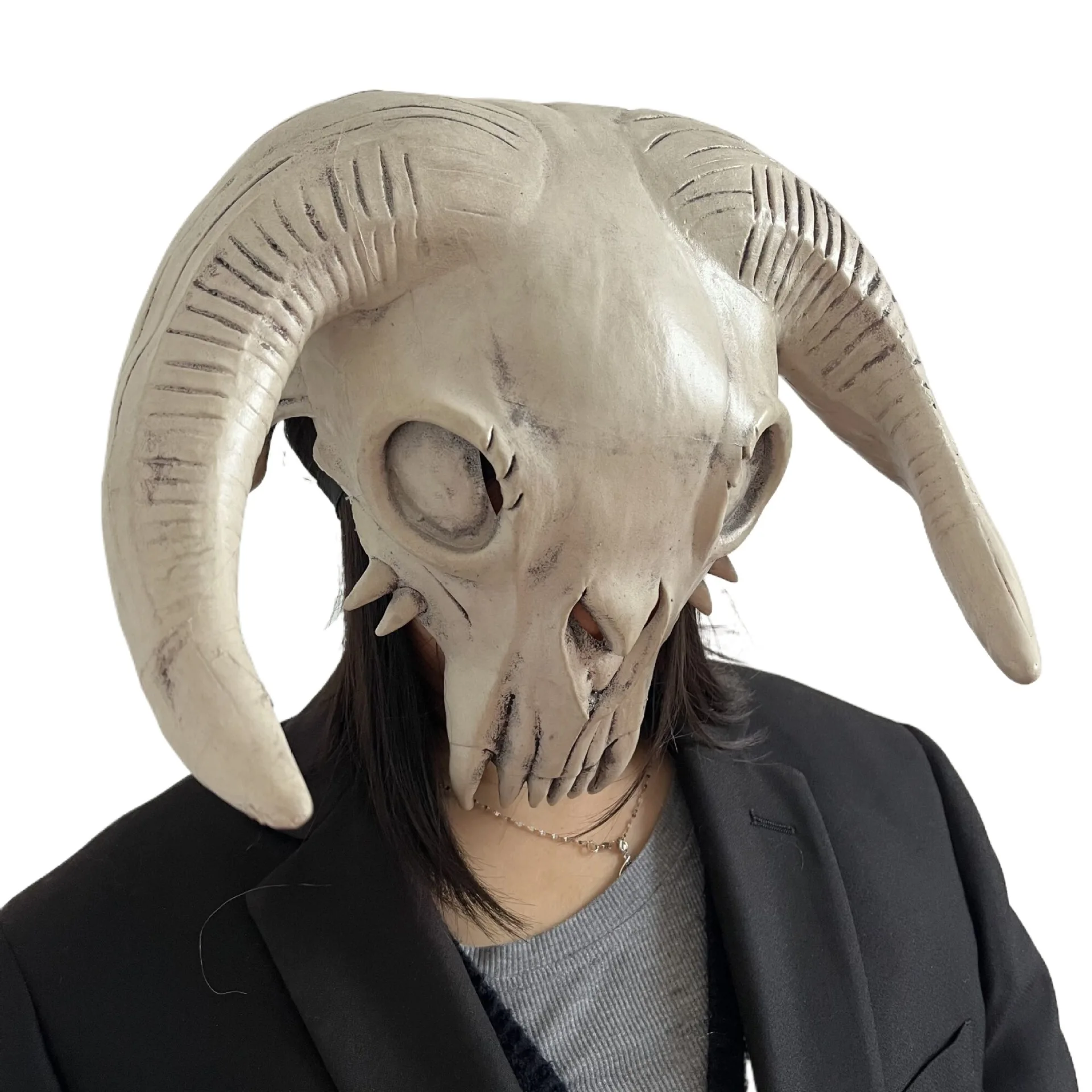 Ziegenschädelmaske mit großen, geschwungenen Hörnern, Latex-Tierknochenmaske, Halloween-Cosplay-Kostüm-Kopfmaske für Partys und Verkleidungen. – Detail 4
