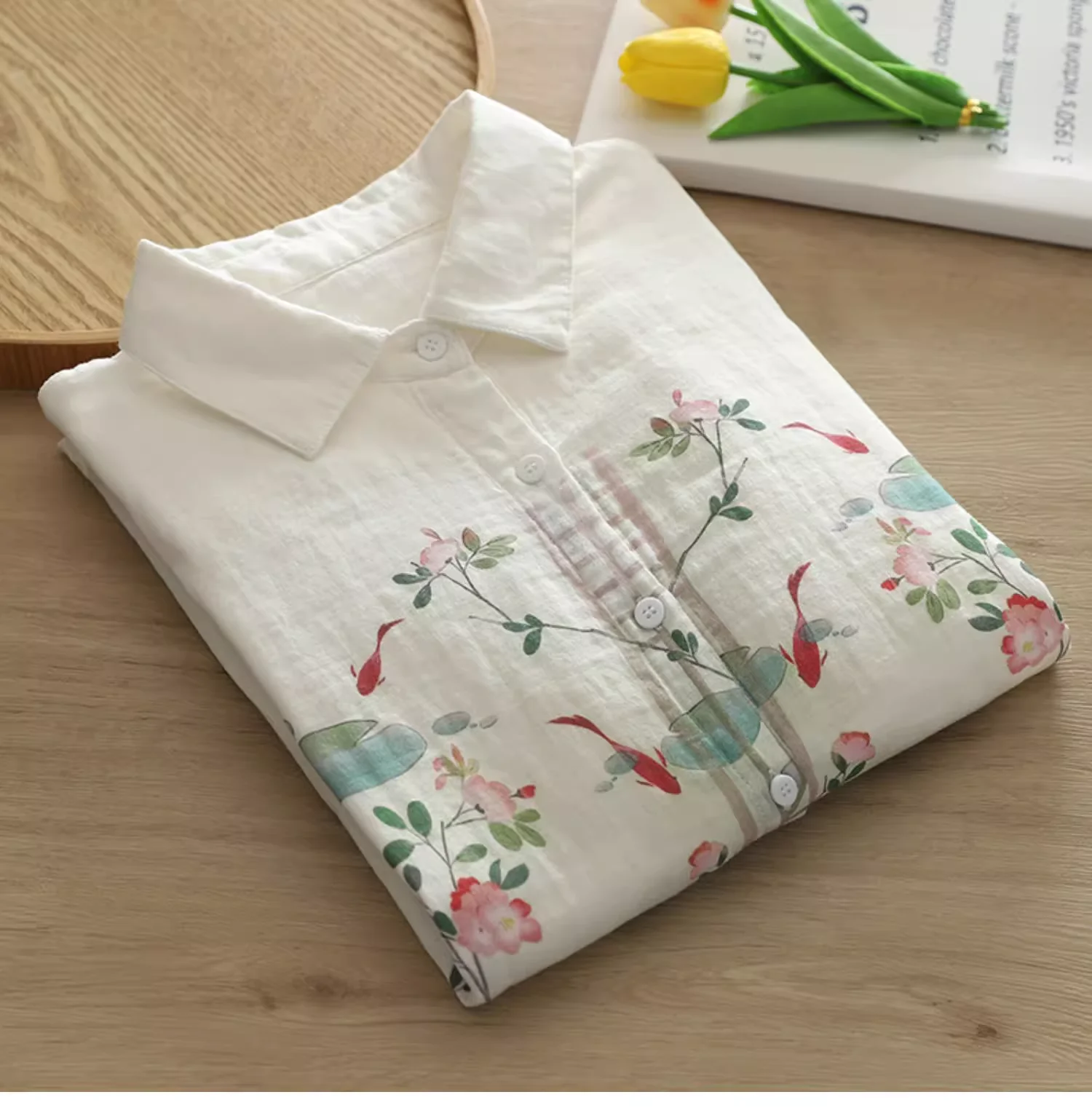 2025 Summer women\'s clothing 100% cotton yarn white shirts long sleeve blouses for women plant print tops ladies clothes