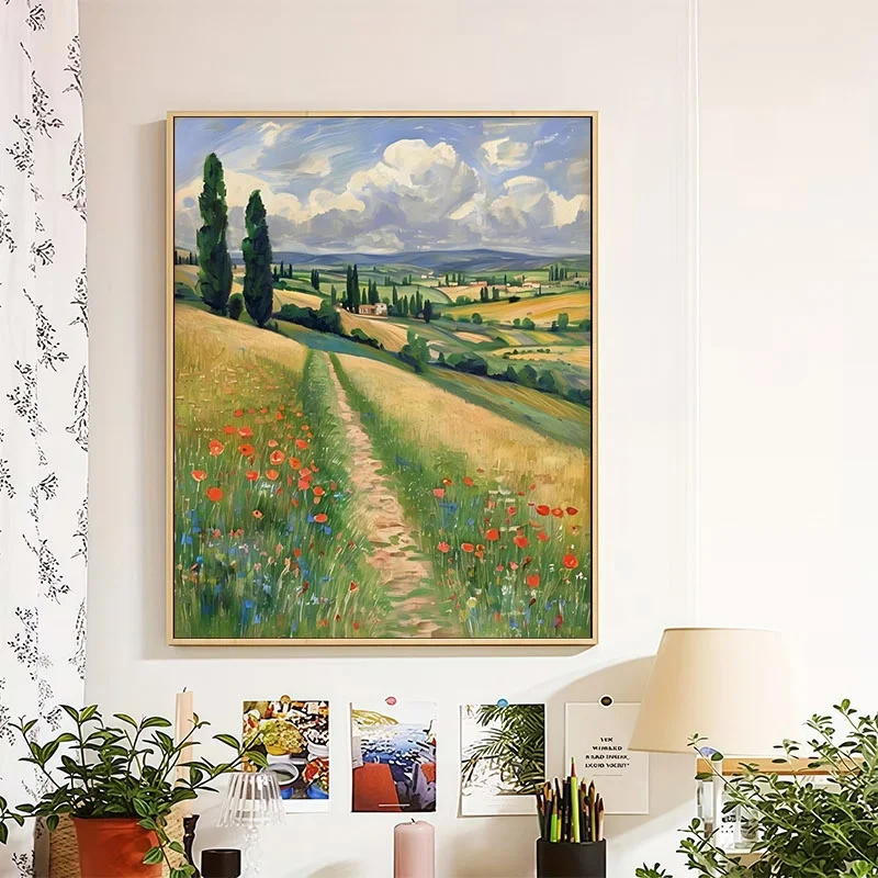 Professional Art Use, 1pc Adult Paint By Number Kit, Polyester Material, Vibrant Idyllic Countryside Rural Landscape Poppy Field