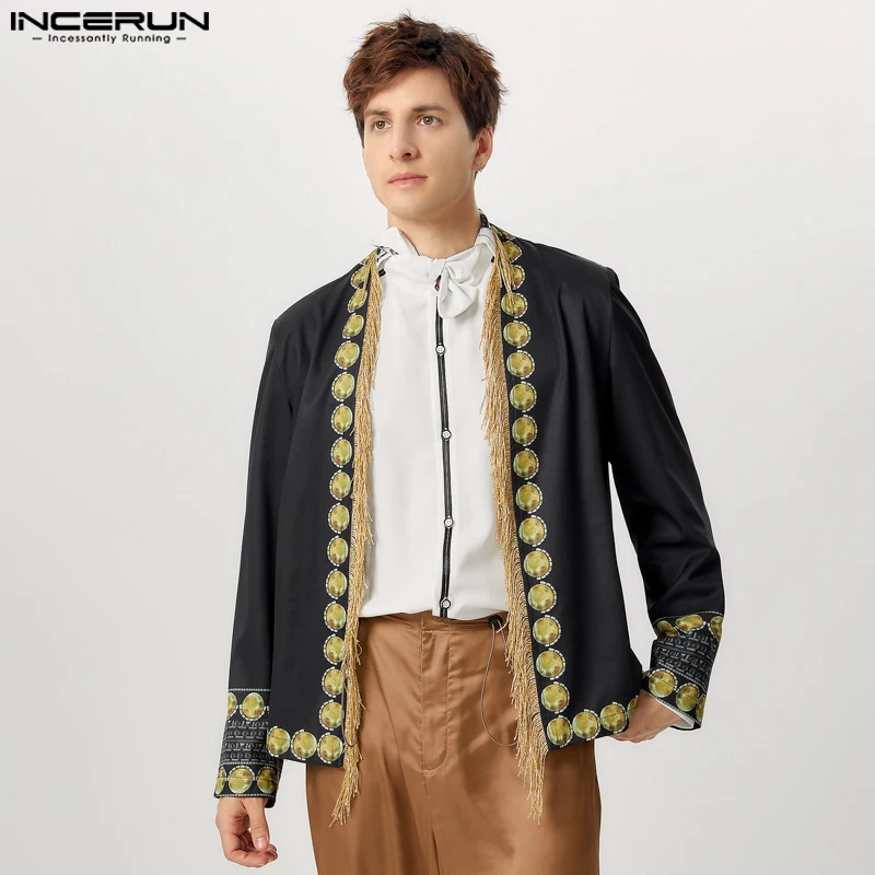 

INCERUN Handsome Men's Clothing Ethnic Printed Tassel Long Sleeved Cardigan Blouse Casual Stylish Male Long Sleeved Blouse S-5XL