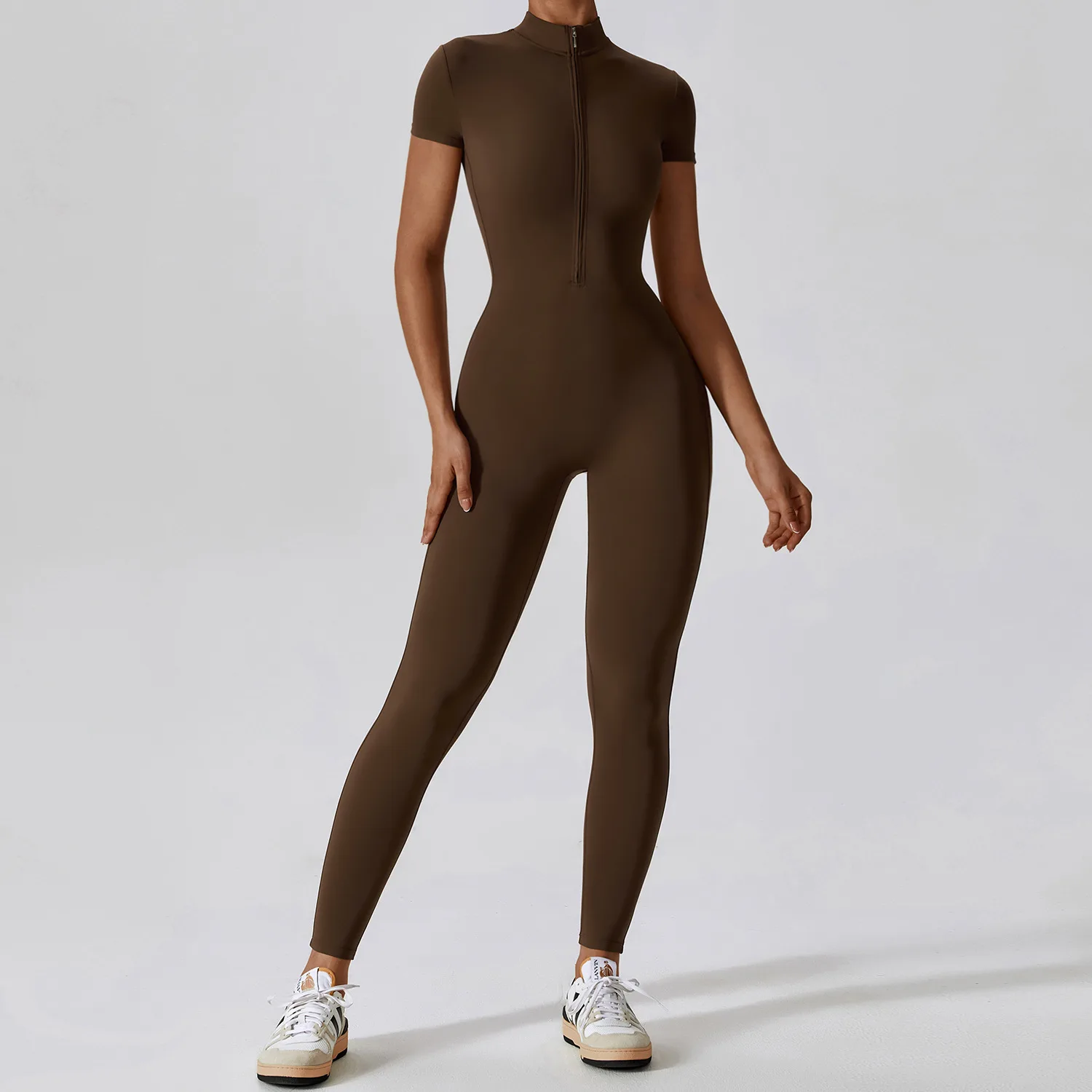 Women Zipper Short Sleeve Active Suit Dance Fitness Sportwear Tight Open Collar  Yoga Jumpsuits