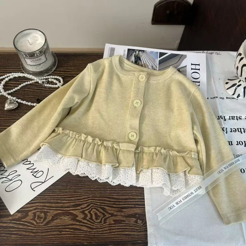 

Children's Clothing2025New Autumn Girls' Lace Hem Cardigan and Stylish Polka Dot Straight Pants Two-Piece Set