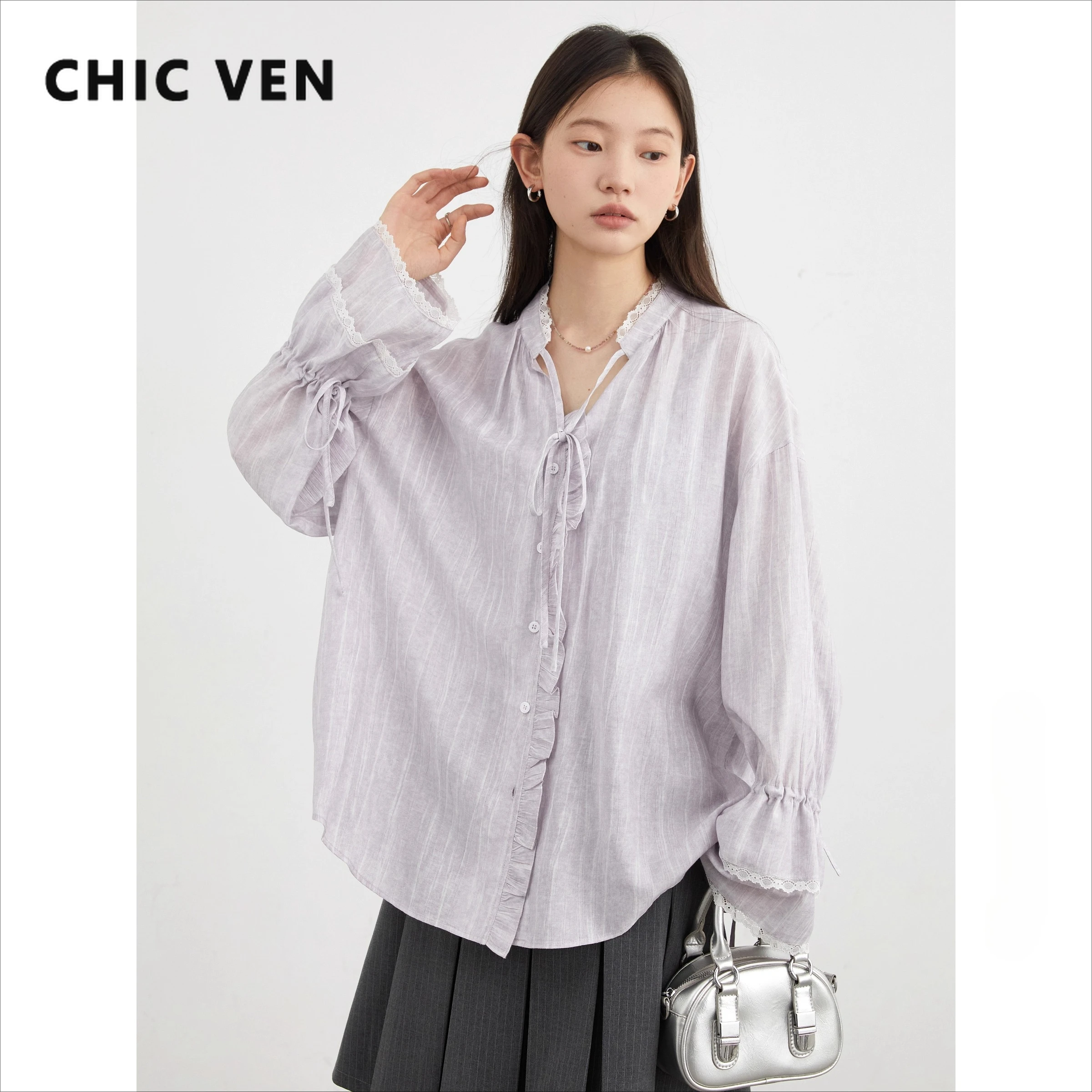CHIC VEN Women Shirt Single Breasted V-neck Loose Casual Long Sleeve New Stand Up Collar Coat Female Blouse Spring Autumn 2025