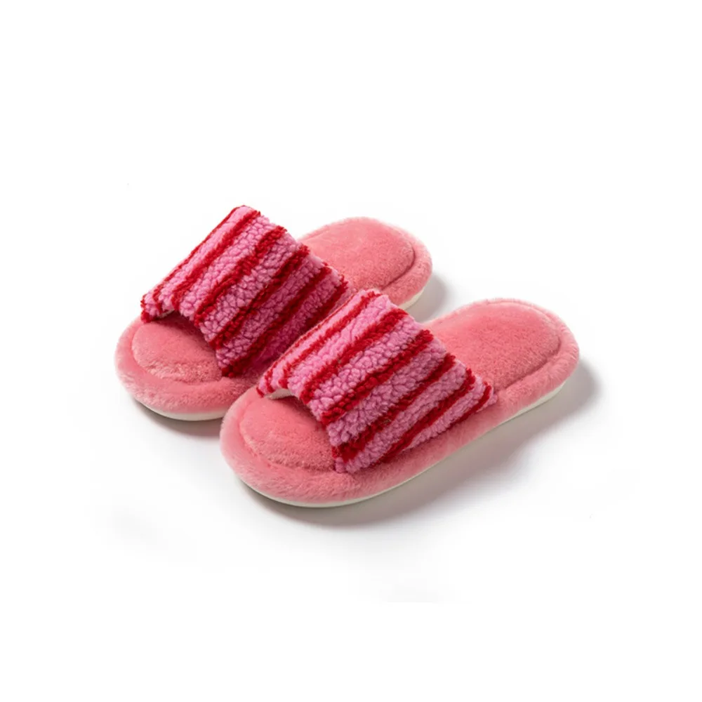 

Elegant Stripe Casual Plush Slippers Patchwork Soft Home Cotton Shoes Anti Slip Warm Winter Plush Slippers Student
