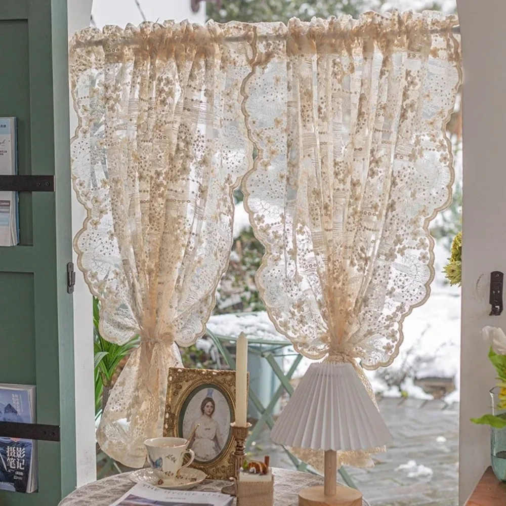Cream Sheer Voile Curtains Lace Embroidery for Bay Window Small Window Partition Half Drapes Door Room Divider