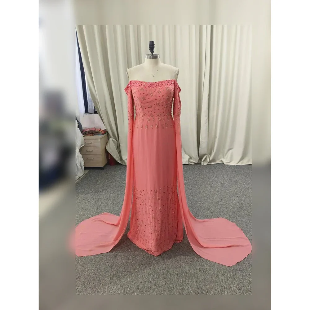 Customized Luxury Watermelon Red Sequined Beading Off The Shoulder Ribbons Woman Formal Wedding Guest Evening Prom Dresses Cockt