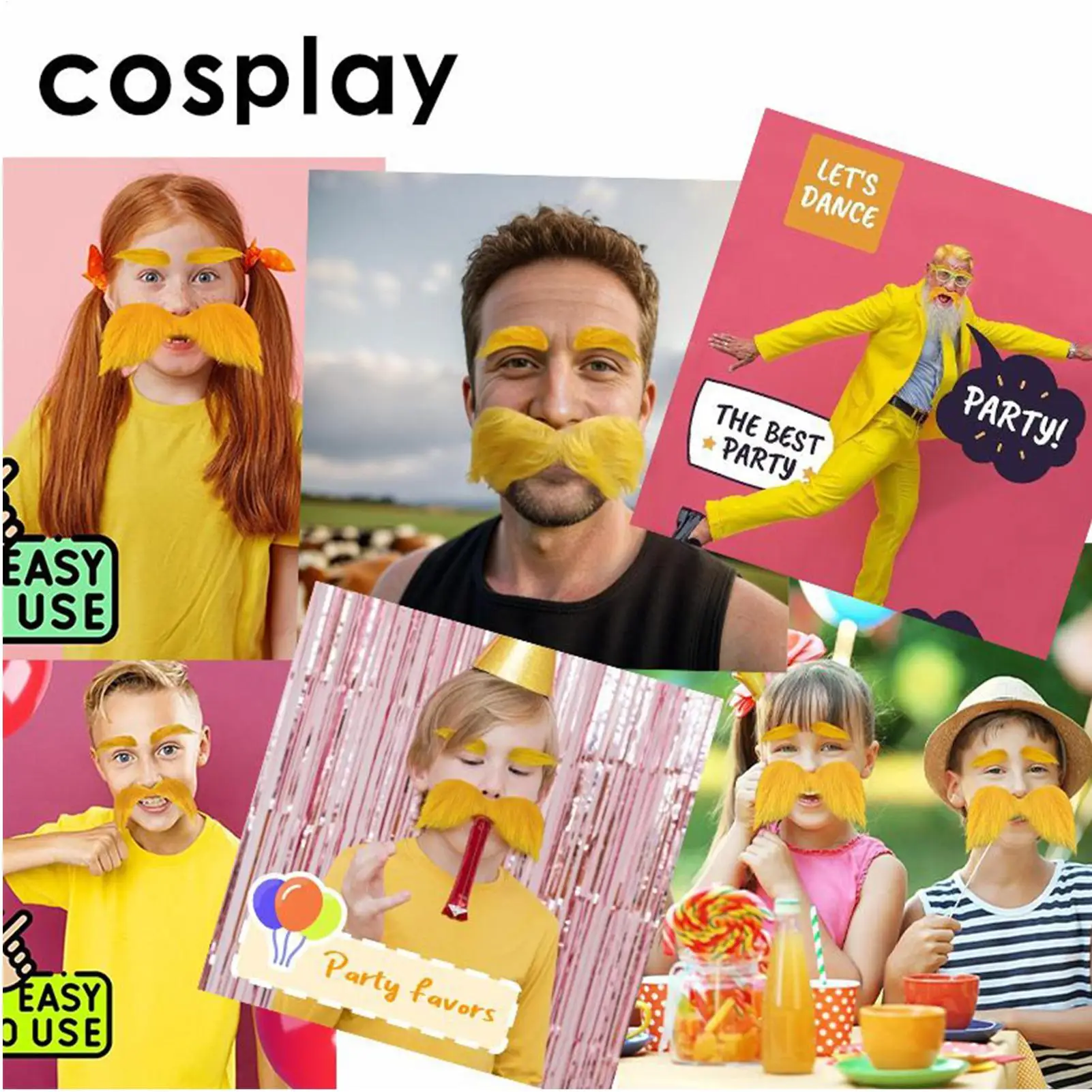 Set baffi e sopracciglia gialli Baffi per barba autoadesivi Accessori per costumi cosplay di Halloween per bambini adulti
